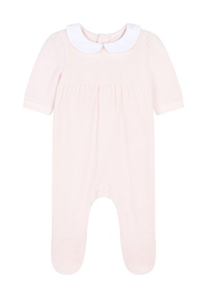 Romper in cotone rosa chiaro con maniche corte, colletto Peter Pan bianco e gambe a piedi. Presenta una vita arricciata e chiusure a scatto sul retro.
