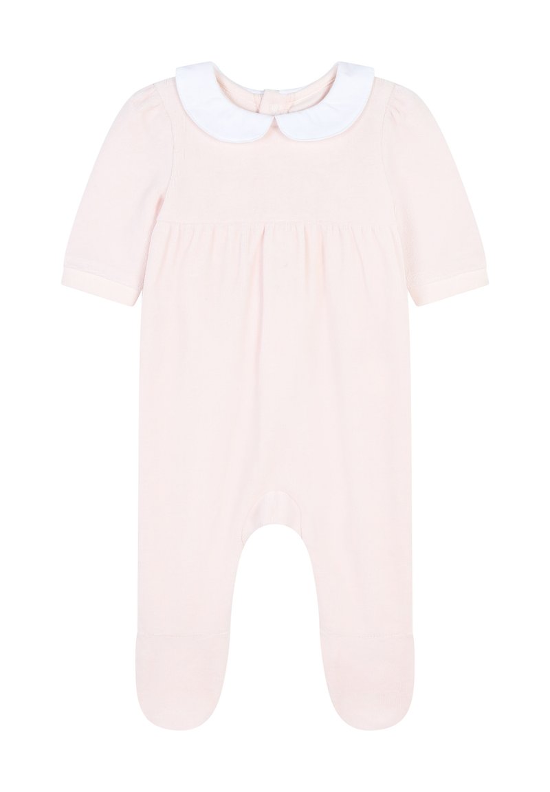 Romper in cotone rosa chiaro con maniche corte, colletto Peter Pan bianco e gambe a piedi. Presenta una vita arricciata e chiusure a scatto sul retro.