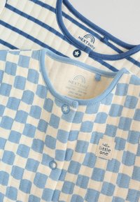 Două body-uri pentru bebeluși: unul cu dungi albastre pe fond alb, celălalt cu un model în carouri alb-albastre. Ambele au închidere cu nasturi și material moale.