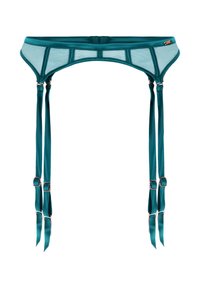 Teal kousenband met een sheer mesh voorkant, satijnen afwerking en vier verstelbare banden met rosegouden hardware details.