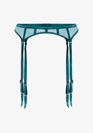 Teal kousenband met een sheer mesh voorkant, satijnen afwerking en vier verstelbare banden met rosegouden hardware details.