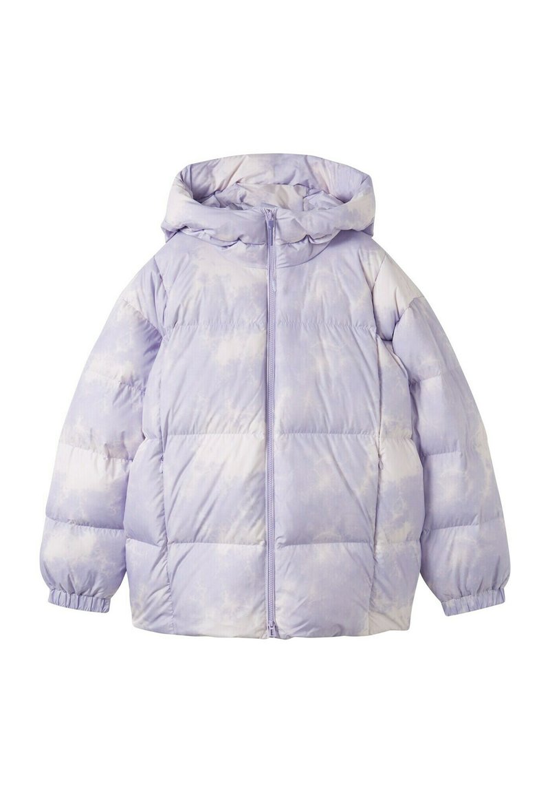 Puchowy, lawendowy kurtka z kapturem, z wzorem tie-dye, z zapięciem na zamek, elastycznymi mankietami i pudełkowym krojem. Miękka, gładka tekstura.