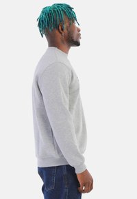 Gray sweatshirt with a crew neck and long sleeves, featuring a smooth texture and a relaxed fit. Worn with blue denim jeans.