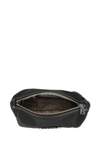 Black fabric pouch with a zip closure, featuring a smooth exterior and lined interior with repeating “BOGNER” pattern. Silver hardware accents.