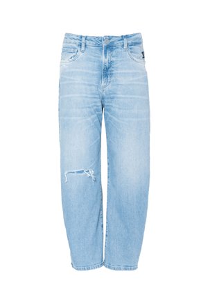 Lyseblå denimjeans med avslappet passform, slitte detaljer på det ene benet og standard fem-lommers design.
