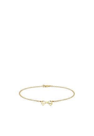 Guldkædearmbånd med en bueformet charm i midten. Glat overflade med en sikker krebseklips. Enkel og delikat design.
