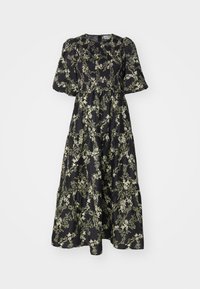 Robe midi noire avec manches bouffantes, avec un motif floral vert clair et une taille froncée.