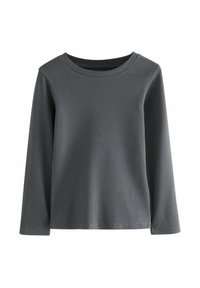 Grau langärmliges Shirt aus geripptem Stoff. Hat einen runden Ausschnitt und einen regulären Schnitt. Die Textur ist weich und leicht dehnbar.