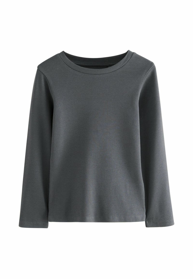 Grau langärmliges Shirt aus geripptem Stoff. Hat einen runden Ausschnitt und einen regulären Schnitt. Die Textur ist weich und leicht dehnbar.