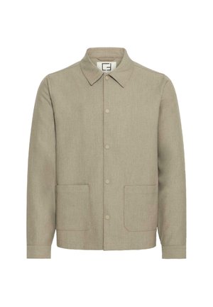 Beige bunda vyrobená z texturované tkaniny, s klasickým límcem, zapínáním na knoflíky a dvěma předními náprsními kapsami. Jednoduchý design v neutrálních barvách.