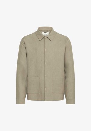 Beige jakk, mis on valmistatud tekstuurilisest kangast, klassikalise kraega, nööpidega esiosas ja kahe esisees taskuga. Lihtne disain neutraalsetes värvustes.