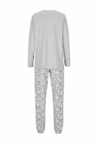 Grå pyjamasset med långärmad topp och byxor med elastisk midja, med lekfullt hundtryck. Tillverkad av mjukt och bekvämt tyg.
