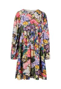 Sukienka z długim rękawem z lekko gathered w talii, pokryta żywym wzorem kwiatowym z różowymi, żółtymi, fioletowymi, niebieskimi i zielonymi kwiatami na kremowym tle.