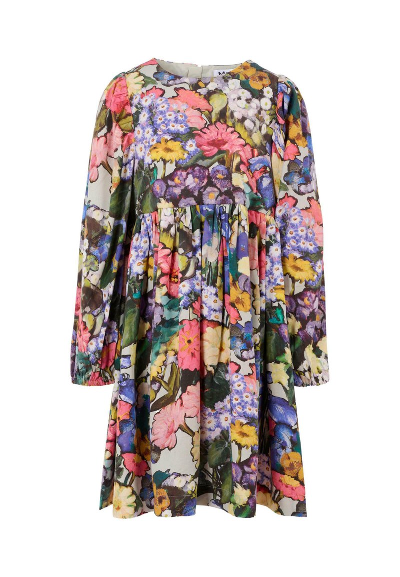 Sukienka z długim rękawem z lekko gathered w talii, pokryta żywym wzorem kwiatowym z różowymi, żółtymi, fioletowymi, niebieskimi i zielonymi kwiatami na kremowym tle.
