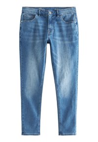 Vaaleansiniset slim fit -farkut etutaskuilla, vyölenkeillä ja nappikiinnityksellä, jossa on lievää kulumista reiden ja polvien kohdalla.