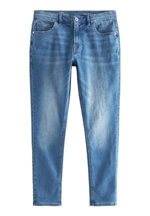 Svetlo modri skinny jeans z sprednjimi žepi, zankami za pas in gumbom za zapiranje, z rahlim zbledevanjem na stegnih in kolenih.