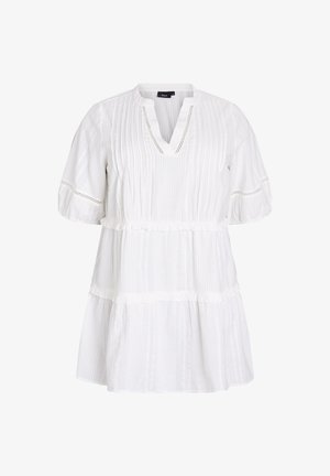 Weißes Baumwollkleid mit kurzen Puffärmeln, einem V-Ausschnitt, strukturierten Streifen und horizontalen Rüschen. Verfügt über zarte Spitzenakzente.