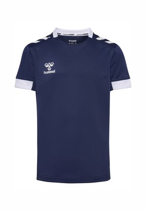 Marineblå sports T-shirt med korte ærmer, hvid krave og ærmekanter, med Hummel-logo og chevronstriber på skuldrene.