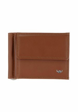 Braune Leder-Bifold-Geldbörse mit Frontklappentasche und kleinem silbernen Logoemblem in der unteren rechten Ecke.
