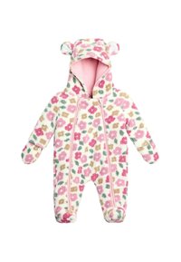 Jumpsuit de felpa para bebé con capucha, con un patrón floral en rosa, beige y verde, detalles de orejas en la capucha y dobles cremalleras delanteras para facilitar el vestido.
