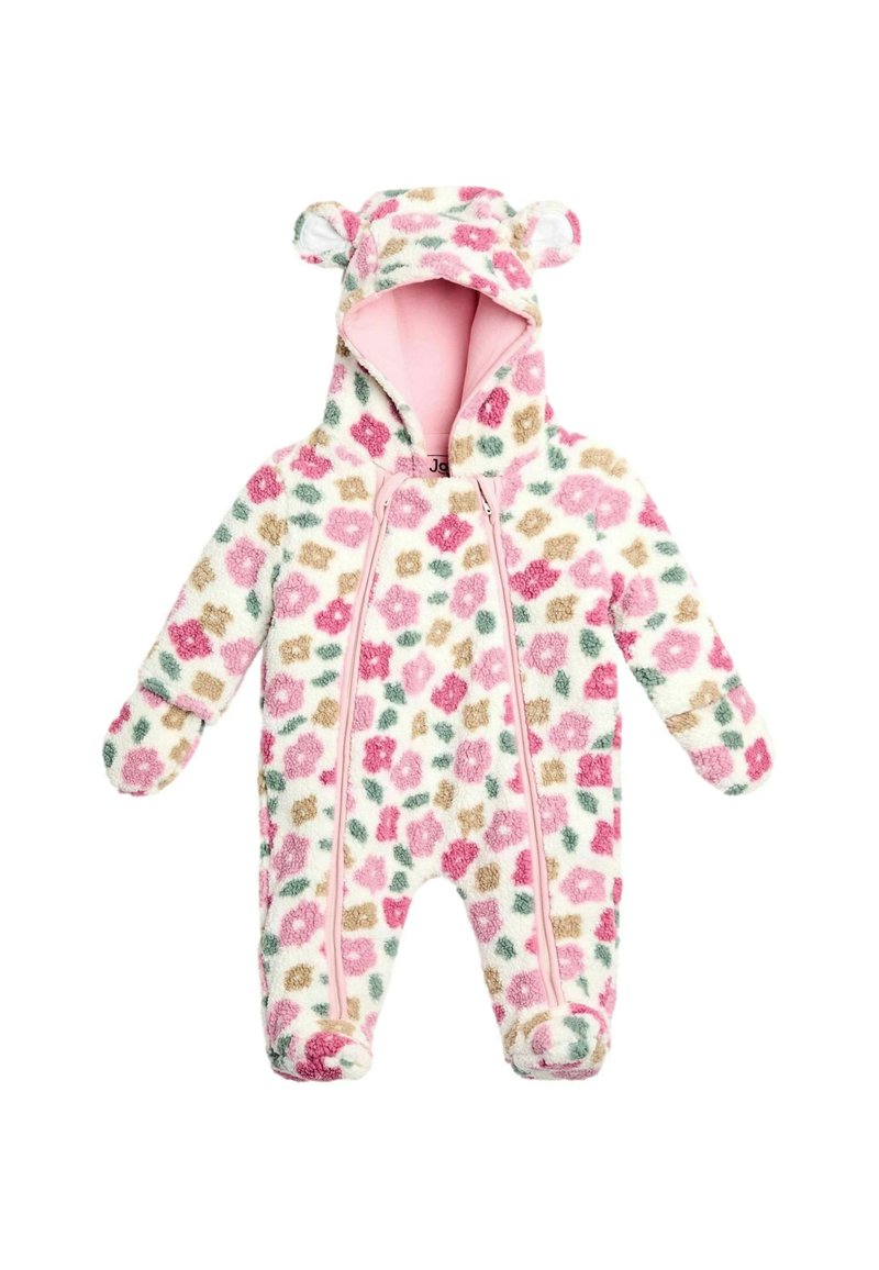 Jumpsuit de felpa para bebé con capucha, con un patrón floral en rosa, beige y verde, detalles de orejas en la capucha y dobles cremalleras delanteras para facilitar el vestido.