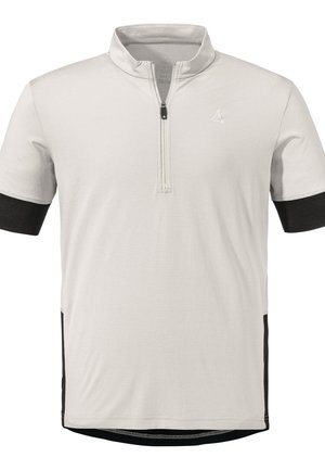 Hellgraues Poloshirt mit kurzen Ärmeln und Viertelreißverschluss, schwarzen Akzenten an Ärmeln und Seiten, strukturierter Stoff und Logo auf der Brust.