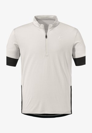 Hellgraues Poloshirt mit kurzen Ärmeln und Viertelreißverschluss, schwarzen Akzenten an Ärmeln und Seiten, strukturierter Stoff und Logo auf der Brust.