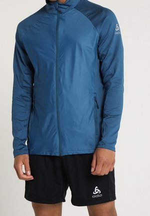 Mężczyzna ubrany w niebieską sportową kurtkę na zamek błyskawiczny z teksturowanymi rękawami oraz czarne sportowe szorty z logo Odlo na lewej udzie.