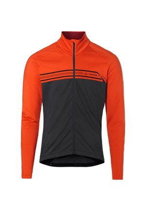 Fietsjersey met lange mouwen, oranje bovenstuk met zwart onderstuk, met ritssluiting, rekbare stof, voorzien van horizontale zwarte strepen en logo.
