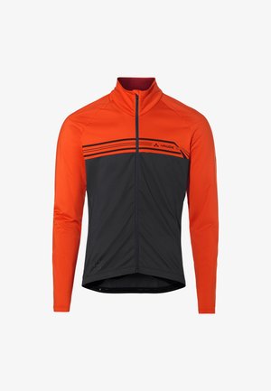 Langärmliges Fahrradtrikot, oberer Teil orange mit schwarzem unteren Teil, Reißverschluss, dehnbare Stoff, mit horizontalen schwarzen Streifen und Logo.