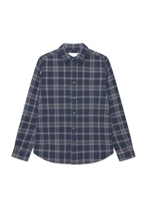 Navy blue plaid shirt in woven fabric, featuring a button-down collar, long sleeves, and white check patterns with brass button accents.