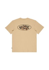 Beiges Baumwoll-T-Shirt mit kurzen Ärmeln, auf der Rückseite mit einem großen schwarzen und bunten floralen "Billabong"-Design. Glatte Textur.