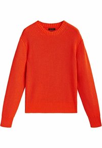 Pull en tricot orange avec des manches longues, encolure ras-du-cou et ourlet côtelé. Tissu texturé avec un design épais sur l'ensemble.