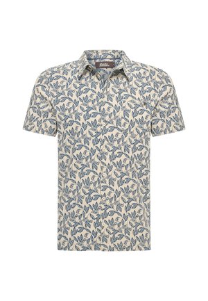 Korte mouwen shirt in crème met een blauw bladeren bloemenpatroon, knoopsluiting aan de voorkant, kraag en zachte stoftextuur.