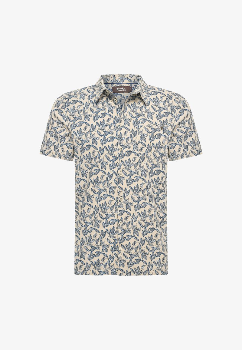 Camicetta a maniche corte color crema con motivo floreale a foglie blu, davanti con bottoni, colletto e texture della stoffa morbida.