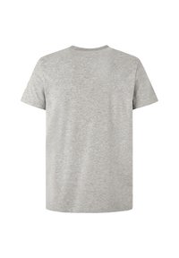 Effen lichtgrijze T-shirt met korte mouwen, gezien van achteren met een ronde hals en een rechte zoom.