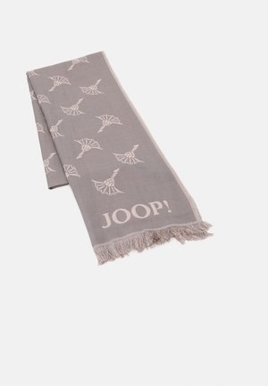 Écharpe en tissu gris avec motifs floraux clairs, bords frangés, et texte "JOOP!" imprimé près d'une extrémité.