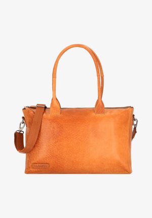 Braune Lederhandtasche mit glatter Textur, doppelten Griffen, abnehmbaren Schultergurt, Reißverschluss und geprägtem Markenlogo an der Seite.