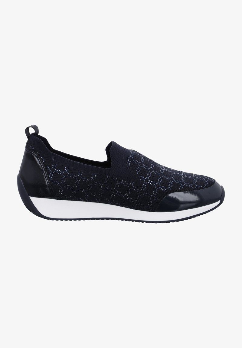 Baskets noires à enfiler avec empeigne en maille à motifs, bouts et talons brillants, semelle intermédiaire blanche et semelle extérieure noire rainurée.