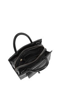 Zwarte leren handtas met textuuraccenten, twee compartimenten, ritsluiting en gerolde hengsels. Het interieur heeft een gladde stoffen voering.