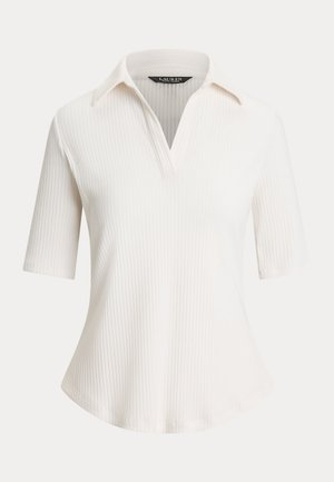 White short-sleeve ribbed knit top with open collar and slight flare at the hem, labeled Lauren Ralph Lauren.