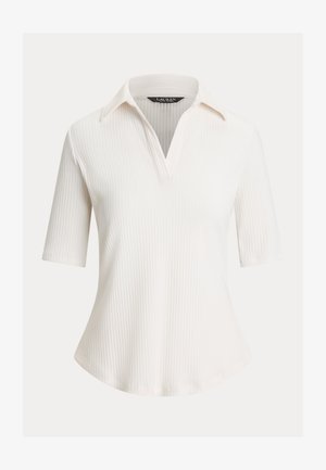 Haut en maille côtelée blanche à manches courtes avec col ouvert et légère évasement à l'ourlet, étiqueté Lauren Ralph Lauren.