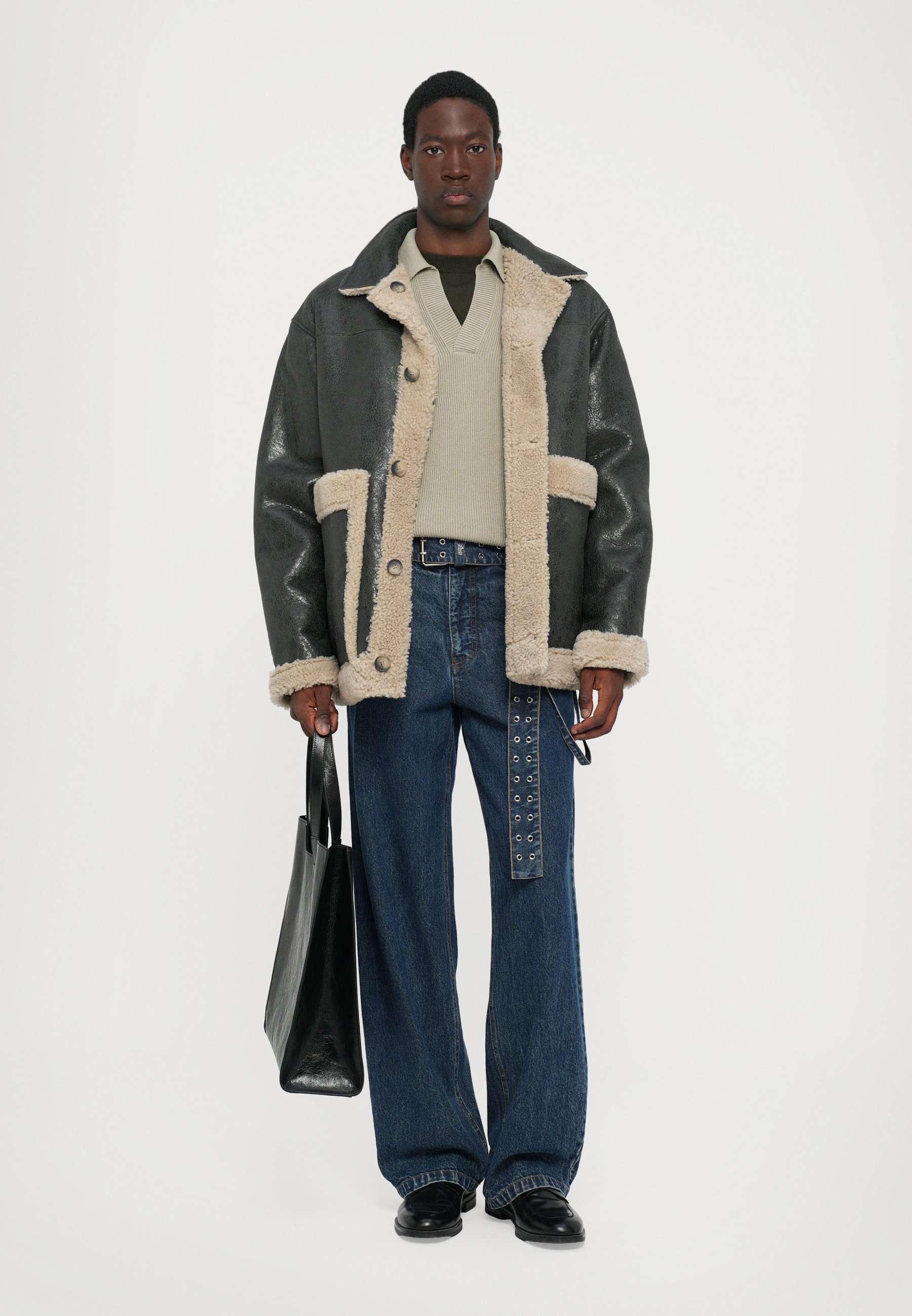 MM6 Maison Margiela SPORTSJACKET - Leather jacket - beige/black