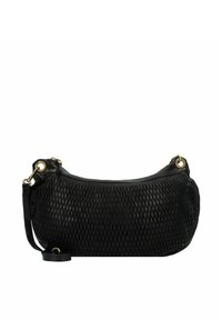 Borsa a spalla in pelle nera con design a rete testurizzato, forma curva, dettagli in metallo dorato e tracolla rimovibile.