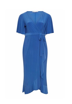 Blaues Midikleid zum Wickeln mit kurzen Rüschchenärmeln, V-Ausschnitt, Taillenband zum Binden und asymmetrischem, gerafftem Saum.