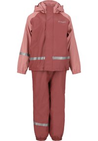Waterdichte twee-delige regenpak in een gedempte roze tint, met reflecterende strepen, elastische manchetten en een capuchon voor extra bescherming.