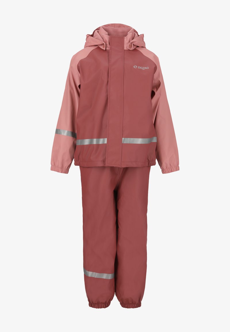 Waterproof two-piece rain suit in a muted pink hue, featuring reflective stripes, elastic cuffs, and a hood for added protection.