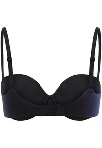 Czarny stanik wypełniony poduszkami z regulowanymi ramiączkami i gładką teksturą. Posiada tylną zapięcie na cztery haki oraz bezszwowy design.