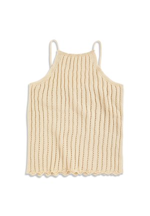 Beige knitted sleeveless top with thin straps, vertical open-knit stripes, and scalloped hem detailing.