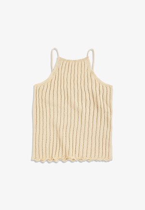 Haut beige sans manches en tricot avec fines bretelles, rayures verticales en maille ajourée et ourlet festonné.